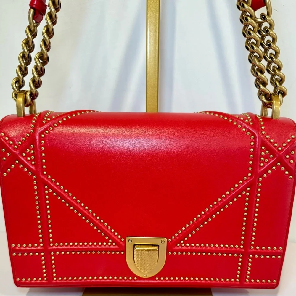 Christian Dior Diorama Red Leather Medium Flap Bag W Gold Studs & Chain Strap